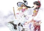  2girls ascot black_hair blonde_hair bow broom cloud commentary_request detached_sleeves fog frilled_bow frilled_shirt_collar frills gloves gohei hair_bow hair_tubes hakurei_reimu hat hat_bow kirisame_marisa kyuu_umi lips long_sleeves multiple_girls petticoat pink_gloves pink_scarf red_bow red_shirt red_skirt ribbon-trimmed_sleeves ribbon_trim scarf shirt skirt touhou white_bow witch_hat yellow_eyes yellow_neckwear 