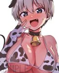  1girl :d \||/ animal_print bangs bare_shoulders bell bell_choker bikini black_choker black_eyes blush breasts choker cleavage commentary_request cow_print elbow_gloves eyebrows_visible_through_hair fang fingerless_gloves gloves grey_hair hair_between_eyes hand_to_own_mouth konbu_wakame large_breasts looking_at_viewer nose_blush open_mouth print_bikini print_gloves sample short_hair simple_background smile solo string_bikini swimsuit upper_body uzaki-chan_wa_asobitai! uzaki_hana white_background 