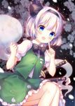  1girl :d ahoge black_hairband blue_eyes blush bow bowtie cherry_blossoms green_skirt green_vest hairband katana konpaku_youmu konpaku_youmu_(ghost) looking_at_viewer night open_mouth petals pjrmhm_coa shirt silver_hair sitting skirt smile sword touhou vest weapon white_shirt 