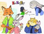  2016 anthro benjamin_clawhauser canid canine cheek_tuft cheetah clothed clothing crepe disney doughnut eating english_text eulipotyphlan eyes_closed facial_tuft felid feline food fox fru_fru fur grey_body grey_fur holding_food holding_object judy_hopps lagomorph leporid looking_at_another mammal neck_tuft necktie nick_wilde open_mouth orange_body orange_fur police_uniform rabbit red_fox shirt shrew simple_background spots spotted_body spotted_fur text topwear tuft uniform white_background yao_02 yellow_body yellow_fur zootopia 