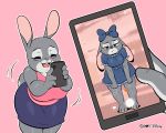  2020 3_toes 4_fingers 5:4 anthro blush bonnie_hopps bow buckteeth cellphone clothed clothing daughter digital_media_(artwork) dipstick_ears disney dress duo embarrassed eyes_closed female fingers floppy_ears hi_res holding_object holding_phone joaoppereiraus judy_hopps lagomorph leporid mammal mother mother_and_child mother_and_daughter multicolored_ears open_mouth open_smile parent parent_and_child phone purple_eyes rabbit signature simple_background slightly_chubby smartphone smile taking_picture teeth toes zootopia 
