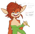  activision anthro blue_eyes breasts cleavage clothed clothing coolstylefag dialogue elora faun female hangman hi_res pencil_(object) smug solo spyro_the_dragon video_games 