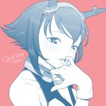 1girl blue_theme bright_pupils dated finger_in_mouth gloves hairband hand_up highres kantai_collection looking_at_viewer monochrome mutsu_(kantai_collection) parted_lips pink_background short_hair signature simple_background smile solo tocky white_pupils 