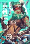  1girl alternate_costume alternate_hair_color apex_legends bandana bare_shoulders breasts brown_eyes brown_gloves brown_lips character_name closed_mouth commentary_request dark_skin double_bun drone earrings eyelashes facepaint gloves green_hair green_scarf hair_ornament highres jewelry leaning_to_the_side lifeline_(apex_legends) lips looking_at_viewer mizutama_(mao11260510) navel nose scarf short_hair shoulder_tattoo skull_hair_ornament small_breasts solo stomach strapless suspenders tattoo tubetop twitter_username w 