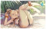  1girl abigail_williams_(fate/grand_order) alphonse_(white_datura) ankle_scrunchie bangs bare_shoulders barefoot bikini black_bikini black_bow blonde_hair blush bow bug butterfly day double_bun emerald_float fate_(series) feet feet_up forehead full_body hair_bow highres innertube insect long_hair looking_at_viewer lying on_back orange_bow orange_scrunchie outdoors parted_bangs polka_dot polka_dot_bow sand scrunchie solo swimsuit wrist_scrunchie 