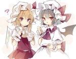  2girls :q ? ascot bangs bat_wings blonde_hair blue_hair blush bow brooch buttons crystal dress eyebrows_visible_through_hair flandre_scarlet frilled_shirt_collar frilled_skirt frilled_sleeves frills hair_between_eyes hat hat_ribbon jewelry mob_cap multiple_girls one_side_up pointy_ears puffy_short_sleeves puffy_sleeves purple_ascot purple_eyes red_bow red_ribbon red_skirt red_vest remilia_scarlet ribbon sash shirt short_hair short_sleeves skirt sorani_(kaeru0768) tongue tongue_out touhou vest white_background white_dress white_shirt wings wrist_cuffs yellow_ascot 