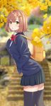  1girl :o absurdres ahoge backpack bag bangs blurry blurry_background bow brown_hair buttons cardigan collared_shirt day eyebrows_visible_through_hair flower ginkgo green_eyes hair_flower hair_ornament hairpin hand_in_pocket highres honma_himawari image_noise kongbai leaning_forward looking_at_viewer nijisanji open_mouth pleated_skirt red_bow school_uniform shirt short_hair skirt solo standing sunflower sunflower_hair_ornament thighhighs twisted_torso virtual_youtuber zettai_ryouiki 