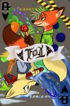 2020 anthro arctic_fox blueberry_(fruit) canid canine card carrot_pen clothed clothing dipstick_tail disney duo food fox fruit fur hi_res holding_food holding_object holding_tool mammal multicolored_tail necktie nick_wilde orange_body orange_fur overalls palm_tree pawpsicle plant playing_card popsicle red_fox shirt skye_(zootopia) smile theblueberrycarrots tools topwear tree water wrench zootopia 