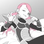  1girl armor cynthia_lane dragon_ball dragon_ball_z eyebrows_visible_through_hair fingernails grey_background hair_ornament hairclip hand_up highres holding_lollipop long_hair looking_at_viewer monochrome overman_king_gainer pink_hair pink_theme reclining saiyan_armor scouter simple_background sitting smile solo spot_color tocky twintails 