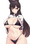  1girl alternate_costume animal_ears arms_behind_back atago_(azur_lane) atago_(stunning_speedster)_(azur_lane) azur_lane bangs bikini black_bikini black_hair blush breasts cleavage closed_mouth commentary_request copyright_name cowboy_shot extra_ears eyebrows_visible_through_hair groin highleg highleg_bikini kuavera logo long_hair looking_at_viewer micro_bikini mole mole_under_eye navel race_queen short_sleeves shrug_(clothing) simple_background skindentation smile solo standing string_bikini swept_bangs swimsuit thick_thighs thighs underboob white_background wide_hips yellow_eyes 