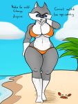  3:4 agent_classified anthro beach bikini bracelet breasts canid canine canis clothing crossgender dreamworks english_text eyewear female fur goggles grey_body grey_fur hi_res jewelry madagascar_(series) mammal oystercatcher7 seaside sky solo swimwear text the_penguins_of_madagascar thick_thighs wolf 