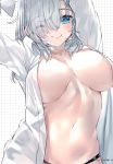 1girl absurdres bangs blue_eyes breasts eyebrows_visible_through_hair highres kou_mashiro lips looking_at_viewer medium_breasts mole mole_on_breast navel one_eye_closed original page_number silver_hair simple_background smile solo stomach upper_body 
