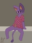  2020 animal_crossing anthro balls bob_(animal_crossing) bottomless bunnielovesyou clothed clothing domestic_cat felid feline felis fur genitals hi_res male mammal nintendo penile_spines penis presenting presenting_penis purple_body purple_fur shirt simple_background sitting solo topwear video_games whiskers yellow_sclera 