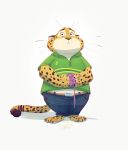  2020 absurd_res anthro barefoot benjamin_clawhauser bottomwear brown_spots cheetah clothed clothing disney felid feline full-length_portrait fully_clothed fur hi_res holding_object male mammal overweight pants pointedfox portrait shirt simple_background solo spots spotted_body spotted_fur standing topwear whiskers white_background yarn_ball yellow_body yellow_fur zootopia 