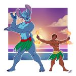  1:1 2020 5_fingers 5_toes abs absurd_res alien anthro anthrofied big_ears big_muscles blue_body blue_eyes blue_fur blue_nose blue_pawpads brown_eyes brown_hair chest_tuft clothed clothing dancing david_kawena digital_drawing_(artwork) digital_media_(artwork) disney experiment_(lilo_and_stitch) eyebrow_through_hair eyebrows feet fingers fire fur grass_skirt hair hi_res holding_object hula human humanoid_feet humanoid_hands jewelry juacamo larger_anthro lei lilo_and_stitch male mammal muscular muscular_male necklace nipples no_sclera one_eye_closed open_mouth open_smile outline pawpads pecs scut_tail signature size_difference smaller_human smile stitch_(lilo_and_stitch) sunset tattoo toes topless torch translucent translucent_hair tuft wink 