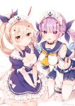  2girls :d anchor ayanami_(azur_lane) ayanami_(azur_lane)_(cosplay) azur_lane bandaid bandaid_on_arm bangs bare_shoulders between_legs black_choker blue_bow blue_dress blue_hair blue_nails blue_ribbon blue_sailor_collar blue_skirt blush bow braid breasts choker cleavage collarbone commentary_request cosplay costume_switch crop_top crossover detached_sleeves dress eyebrows_visible_through_hair frilled_dress frills fukunoki_tokuwa hair_between_eyes hair_ornament hair_ribbon hairclip hand_between_legs headgear high_ponytail highres hololive light_brown_hair long_hair maid_headdress medium_breasts midriff minato_aqua minato_aqua_(cosplay) multicolored_hair multiple_girls nail_polish open_mouth parted_lips pleated_skirt ponytail puffy_short_sleeves puffy_sleeves purple_eyes purple_hair red_eyes ribbon sailor_collar school_uniform serafuku shirt short_sleeves sidelocks sitting skirt sleeveless sleeveless_shirt smile thighhighs twintails twitter_username two-tone_hair very_long_hair virtual_youtuber wariza white_bow white_legwear white_shirt white_sleeves wrist_cuffs yellow_neckwear 