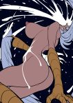  1girl absurdres ass black_background breasts claws devilman feather_hair feathered_wings feathers harpy head_wings highres impaled medium_breasts monster_girl nude short_hair sideburns simple_background siren_(devilman) solo talons thirty_8ght white_blood wings 