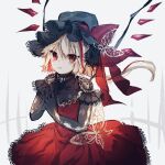  1girl alternate_costume bangs black_headwear blonde_hair blush bow clothing_request crystal dress eyebrows_visible_through_hair flandre_scarlet hat hat_bow highres jewelry mob_cap multicolored_hair one_side_up red_bow red_dress red_eyes red_hair short_hair solo sorani_(kaeru0768) streaked_hair touhou white_background wings 