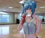  1girl bangs bare_arms bare_shoulders blue_eyes blue_hair blurry blurry_background blush bottle bow breasts camisole closed_mouth commentary eredhen eyebrows_visible_through_hair hair_between_eyes hair_bow hands_up highres holding holding_bottle holding_strap hololive hoshimachi_suisei indoors long_hair midriff side_ponytail small_breasts solo squeeze_bottle star_(symbol) star_in_eye sweat symbol_in_eye upper_body virtual_youtuber 