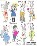  2016 anthro barefoot beanie boots bottomwear clothed clothing disney ears_down english_text eyes_closed female food footwear fully_clothed fur grey_body grey_fur hat headgear headwear hi_res holding_cup holding_food holding_object judy_hopps lagomorph leporid mammal multiple_poses necktie one_eye_closed pawpsicle pivoted_ears popsicle pose purple_eyes rabbit shirt simple_background skirt solo text topwear umbrella white_background white_body white_fur wink yao_02 zootopia 