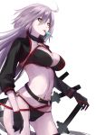  1girl ahoge bikini black_bikini black_choker black_gloves black_jacket breasts choker cleavage cropped_jacket fate/grand_order fate_(series) food gloves jacket jeanne_d&#039;arc_(alter_swimsuit_berserker) jeanne_d&#039;arc_(fate)_(all) katana large_breasts long_hair multiple_swords narim navel o-ring o-ring_bikini o-ring_bottom o-ring_top popsicle shrug_(clothing) silver_hair solo swimsuit sword thigh_strap very_long_hair weapon white_background yellow_eyes 