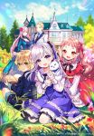  1boy 4girls animal blonde_hair blue_sky book braid breasts cat cleavage cloud cuffs dress eyebrows_visible_through_hair flower formal frilled_dress frilled_skirt frills grass green_eyes highres house looking_at_viewer multiple_girls open_mouth original pierorabu pink_hair puffy_sleeves purple_hair reading red_eyes red_hair short_hair sidelocks skirt sky smile suit tree 