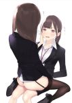  2girls ama_mitsuki arms_behind_back ass bangs black_legwear blush brown_eyes brown_hair business_suit caress collared_shirt eye_contact formal garter_straps hand_on_another&#039;s_cheek hand_on_another&#039;s_face jacket lanyard looking_at_another multiple_girls no_pants office_lady open_mouth original shirt sitting sitting_on_lap sitting_on_person suit tears thighhighs translation_request white_shirt yuri 