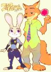  2016 anthro bottomwear canid canine clothed clothing disney duo female food fox fully_clothed fur grey_body grey_fur hi_res holding_food holding_object judy_hopps lagomorph leporid looking_at_another male mammal necktie nick_wilde orange_body orange_fur pants pawpsicle police_uniform popsicle purple_eyes rabbit red_fox shirt simple_background smile tan_background topwear uniform yao_02 zootopia 