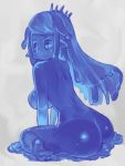  1girl ass barefoot blue_eyes blue_hair blue_sclera blue_skin breasts closed_mouth crown from_behind grey_background large_breasts long_hair nijitama_shiyushiyu nude original pointy_ears sitting slime soles solo tentacle_hair wariza 