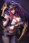  1girl akali asymmetrical_clothes asymmetrical_legwear baseball_cap belt blue_eyes bo_xun_lin bracelet breasts choker cleavage cowboy_shot hat highres idol index_finger_raised jewelry k/da_(league_of_legends) k/da_akali league_of_legends long_hair midriff purple_hair single_pantsleg smile solo white_belt 