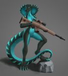  2019 anthro breasts clothing cobra digital_media_(artwork) female green_body gun hi_res komahu ranged_weapon reptile rifle scalie simple_background snake sniper_rifle solo standing weapon 