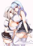  2girls absurdres anchor_choker apron asanagi azur_lane bangs bare_shoulders between_breasts black_hairband blush box breasts candy chocolate chocolate_heart choker cleavage collarbone dido_(azur_lane) dress dress_pull earrings eyebrows_visible_through_hair fantia_reward food frilled_choker frills hair_between_eyes hairband head_tilt heart heart-shaped_box heart_earrings highres huge_breasts jewelry lace-trimmed_hairband lavender_background long_hair looking_at_viewer multiple_girls open_mouth paid_reward panties panty_pull parted_lips pink_eyes puffy_short_sleeves puffy_sleeves pulled_by_self red_eyes red_ribbon ribbon ribbon-trimmed_legwear ribbon_trim short_hair short_sleeves side-tie_panties silver_hair simple_background sirius_(azur_lane) skindentation sleeveless sleeveless_dress standing thick_thighs thighhighs thighs underboob underboob_cutout underwear untied untied_panties valentine waist_apron white_apron white_hair white_legwear 