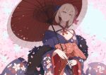  1girl artoria_pendragon_(all) bangs black_border black_kimono blonde_hair border bow breasts cherry_blossoms cleavage closed_mouth commentary day expressionless fate/grand_order fate_(series) floral_print flower fur_scarf hair_bow hair_flower hair_ornament highres holding holding_umbrella japanese_clothes kimono kodamazon long_sleeves looking_at_viewer medium_breasts off_shoulder oriental_umbrella outdoors petals pink_flower print_kimono saber_alter short_hair solo spring_(season) standing umbrella wide_sleeves yellow_eyes 