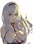  1girl azur_lane bare_shoulders breasts choker cleavage collarbone dido_(azur_lane) dress eyebrows_visible_through_hair hairband large_breasts long_hair maoyao-ll pink_lips purple_choker purple_dress purple_eyes purple_hairband signature silver_hair solo white_background 