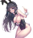  1girl absurdres animal_ears bare_shoulders black_hair blue_eyes blush bow bowtie breasts bunny_ears bunny_girl bunny_tail bunnysuit covered_navel cowboy_shot detached_collar eyebrows_visible_through_hair fake_animal_ears fingernails hair_ornament hairband hairclip highres hong_(white_spider) index_finger_raised large_breasts leotard long_fingernails long_hair nipples paid_reward parted_lips patreon_reward sakurajima_mai seishun_buta_yarou sidelocks simple_background solo tail white_background wrist_cuffs 