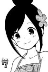  1girl alternate_hairstyle black_hair blush calendar_(object) camisole collarbone commentary_request english_text flower greyscale hair_bun hair_flower hair_ornament halterneck highres hitori_bocchi hitoribocchi_no_marumaru_seikatsu july katsuwo_(cr66g) looking_at_viewer monochrome number sleeveless smile solo upper_body white_background 