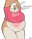  anthro belly bottomless breasts canid canine canis clothed clothing domestic_dog english_text eyebrow_through_hair eyebrows female fiercedeitylynx fur genitals hair hair_over_eye hi_res mammal morbidly_obese morbidly_obese_female navel obese obese_female one_eye_obstructed overweight overweight_female pink_clothing pink_topwear pussy shiba_inu solo spitz tan_body tan_fur text topwear translucent translucent_hair 