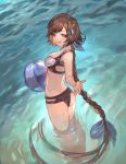 1girl absurdres aqua_eyes ass ball bangs beachball bikini blush braid breasts brown_hair butt_crack cleavage collarbone commentary_request granblue_fantasy hair_ornament hair_ribbon highres holding holding_ball leona_(granblue_fantasy) looking_at_viewer looking_back multicolored multicolored_bikini multicolored_clothes neko_yuusya open_hand open_mouth outstretched_arm ribbon short_hair single_braid solo standing swimsuit teeth wading water 