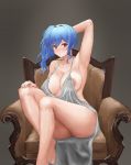  1girl areola_slip areolae arm_behind_head armpits azur_lane backless_dress backless_outfit bangs bare_shoulders blue_hair blush breasts chai_shiliu chair cleavage dress evening_gown grey_dress hair_between_eyes halter_dress large_breasts plunging_neckline red_eyes revealing_clothes side_ponytail sidelocks silver_dress sitting st._louis_(azur_lane) st._louis_(luxurious_wheels)_(azur_lane) thighs 