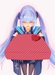  1girl azur_lane black_legwear blue_hair box cape closed_eyes commentary_request essex_(azur_lane) fingerless_gloves gift gift_box gloves heart hi-rin holding holding_box holding_gift long_hair offering open_mouth pantyhose purple_cape solo twintails valentine very_long_hair 