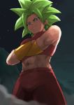  1girl abs arms_under_breasts bangs blue_eyes blurry bracelet breasts closed_mouth cowboy_shot crossed_arms depth_of_field dragon_ball dragon_ball_super dust dust_cloud earrings eyelashes from_below frown green_hair highres jewelry kefla_(dragon_ball) large_breasts light_smile looking_down midriff mountain muscle muscular_female navel night night_sky pants parted_bangs potara_earrings red_pants rock shaded_face short_hair sky solo spiked_hair star_(sky) starry_sky super_saiyan underboob very_short_hair 