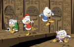  anatid anseriform arrow avian bird bone bottomless bottomwear clothed clothing dewey_duck disney duck ducktales ducktales_(2017) female group hat headgear headwear huey_duck knife louie_duck male melee_weapon natfoe polearm shirt skirt spear topwear weapon webby_vanderquack 