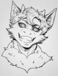 2020 anthro black_sclera dragon front_view fur furred_dragon hair hatching_(art) hi_res horn looking_at_viewer male mammal monochrome portrait prisma_faerdo prismanoodle_(artist) simple_background smile solo traditional_media_(artwork) white_background 