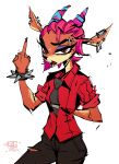  antelope anthro bovid cervid clothed clothing ear_piercing female fur gazelle gesture hair hi_res horn johnfoxart mammal middle_finger necktie nu_pogodi piercing red_clothing red_shirt red_topwear russian shirt solo spikes topwear ulya 