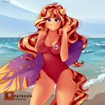  1:1 absurd_res anthro beach big_breasts breasts cleavage clothed clothing equestria_girls equid equine female hasbro hi_res lifeguard mammal my_little_pony one-piece_swimsuit outside seaside smile solo sunset_shimmer_(eg) surfboard swimwear vehicle water watercraft xjenn9 