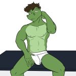  1:1 alligator alligatorid anthro athletic briefs bulge clothed clothing crocodilian fuze hi_res looking_at_viewer male navel nipples pecs reptile scalie simple_background sitting solo tighty_whities topless underwear underwear_only white_background white_clothing white_underwear 