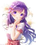 1girl :d alternate_hairstyle artist_name blush braid commentary eyebrows_visible_through_hair floral_background flower french_braid gochuumon_wa_usagi_desu_ka? hair_ribbon hand_on_own_face head_tilt highres lily_(flower) long_hair looking_at_viewer mozukun43 open_mouth pink_skirt purple_eyes purple_hair red_ribbon ribbon shirt short_sleeves skirt smile solo tedeza_rize twitter_username upper_body white_background white_shirt 