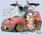  2girls autozam_az-1 baby black_hair blue_background brown_eyes brown_hair car chibi dated ground_vehicle gullwing_doors holding_baby mama_wa_shougaku_yonensei mirai_(mama_wa_shougaku_yonensei) mizuki_natsumi_(mama_wa_shougaku_yonensei) motor_vehicle multiple_girls onesie open_door open_mouth sekihan short_hair side_ponytail vehicle_focus waving 