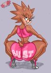  anthro big_breasts big_butt breasts brown_body brown_fur bust_(wappah) butt clothing crouching curvy_figure eyelashes female footwear fur half-closed_eyes hands_on_knees hi_res long_eyelashes looking_at_viewer looking_back mammal narrowed_eyes pink_outfit porcupine rodent shoes smile smirk sneakers solo text_on_clothing thick_thighs voluptuous wappah 