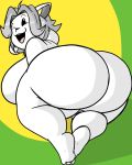  4:5 anthro big_breasts big_butt breasts butt canid canine felid feline female fur happy hi_res huge_butt mammal masterj291 obese overweight presenting presenting_hindquarters rear_view simple_background smile solo tem temmie_(undertale) undertale video_games white_body white_fur 
